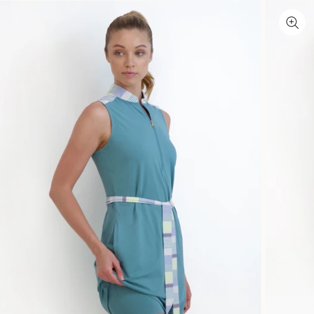 Fairway & Greene Linely Dress Teal Zip-Up Top with Striped Collar
